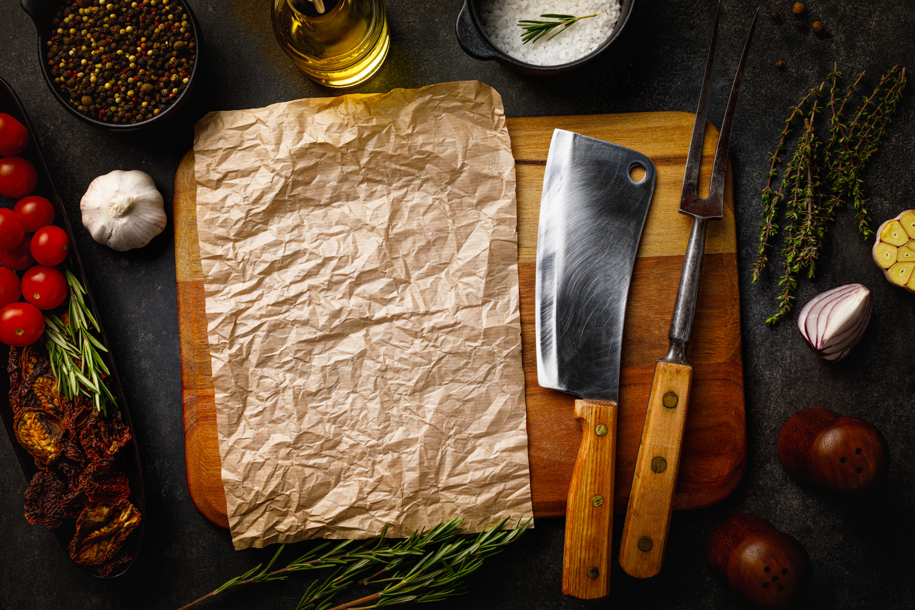 Aço, madeira e ingredientes no preparo de um churrasco